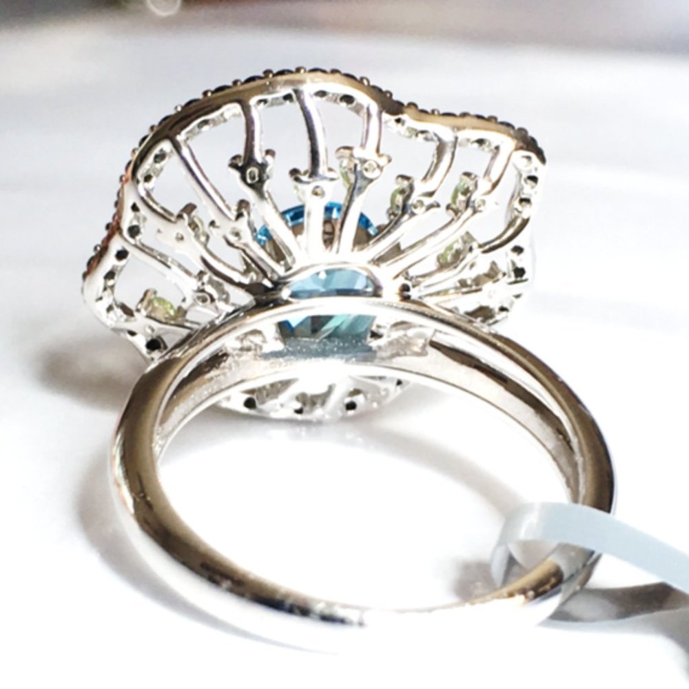 Swiss Blue Topaz .925 Cocktail Ring Peridot Black Spinel Sterling Silver Genuine - Picture 9 of 15